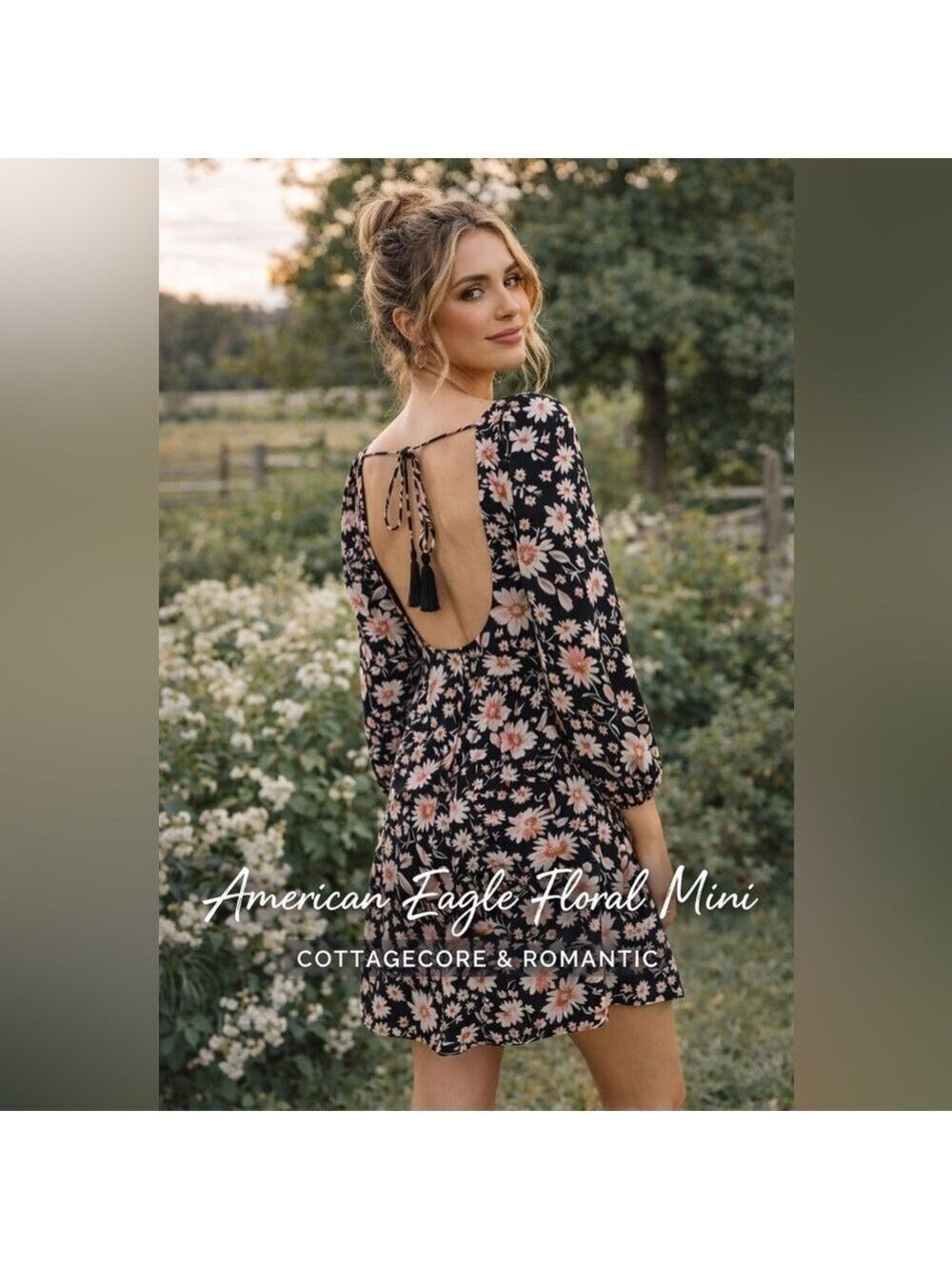 American Eagle Floral Mini Dress Small Black Pink Square Neck Open Back